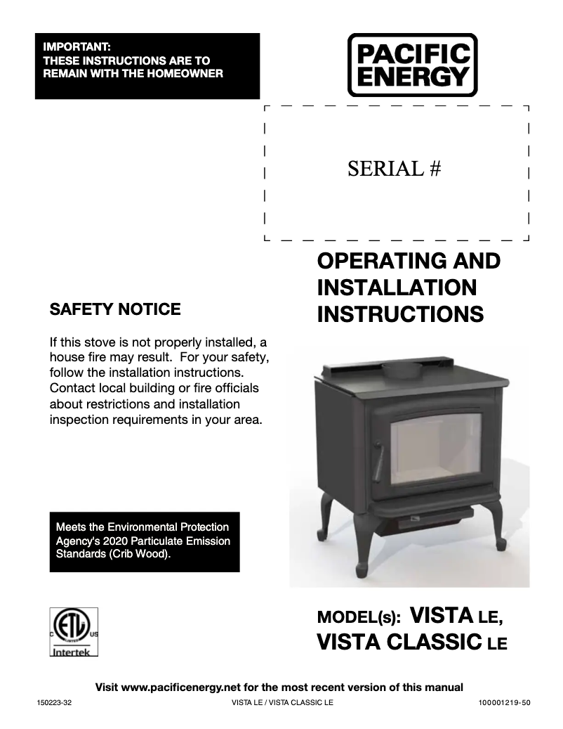 Page 1 de la notice Manuel utilisateur Pacific Energy Vista LE Legs