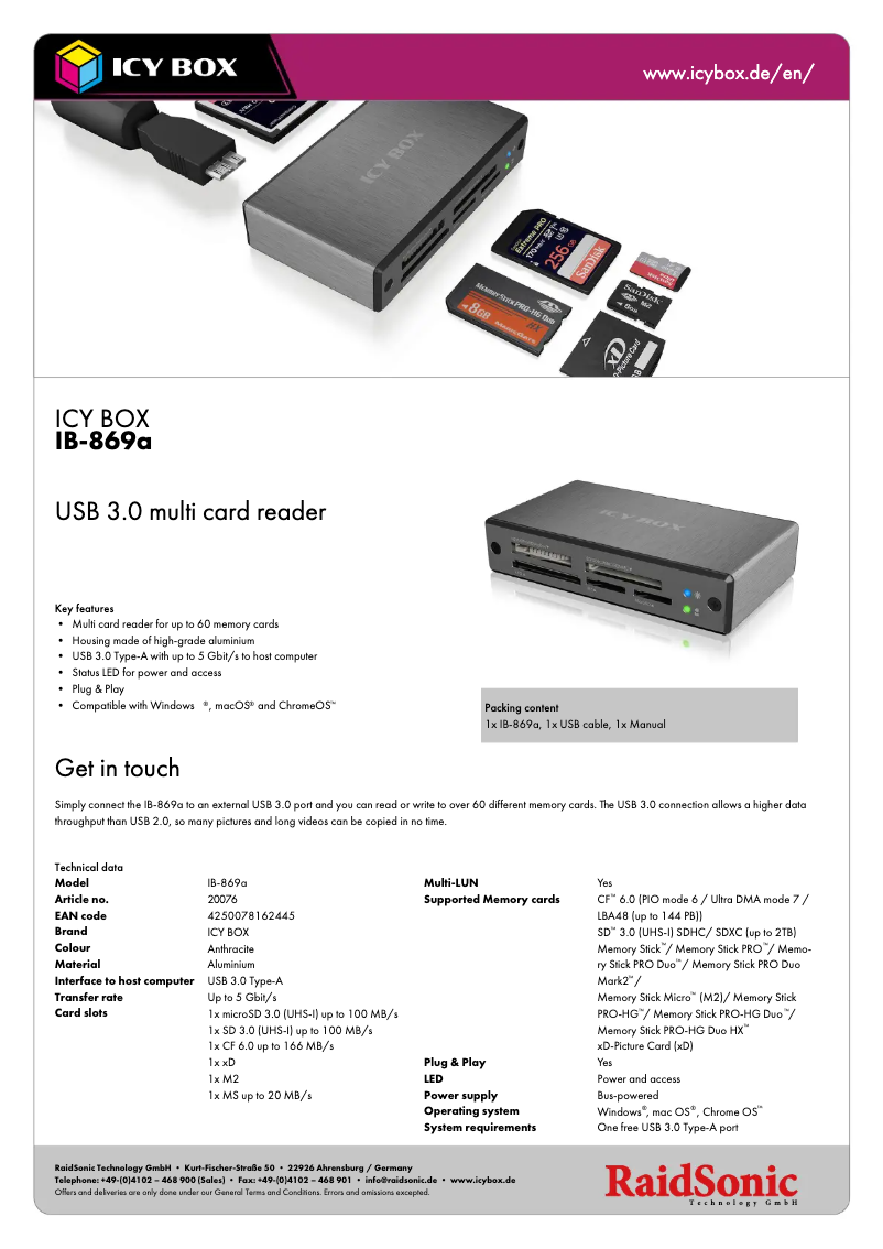 Página 1 del manual Ficha técnica Icy Box IB-869a