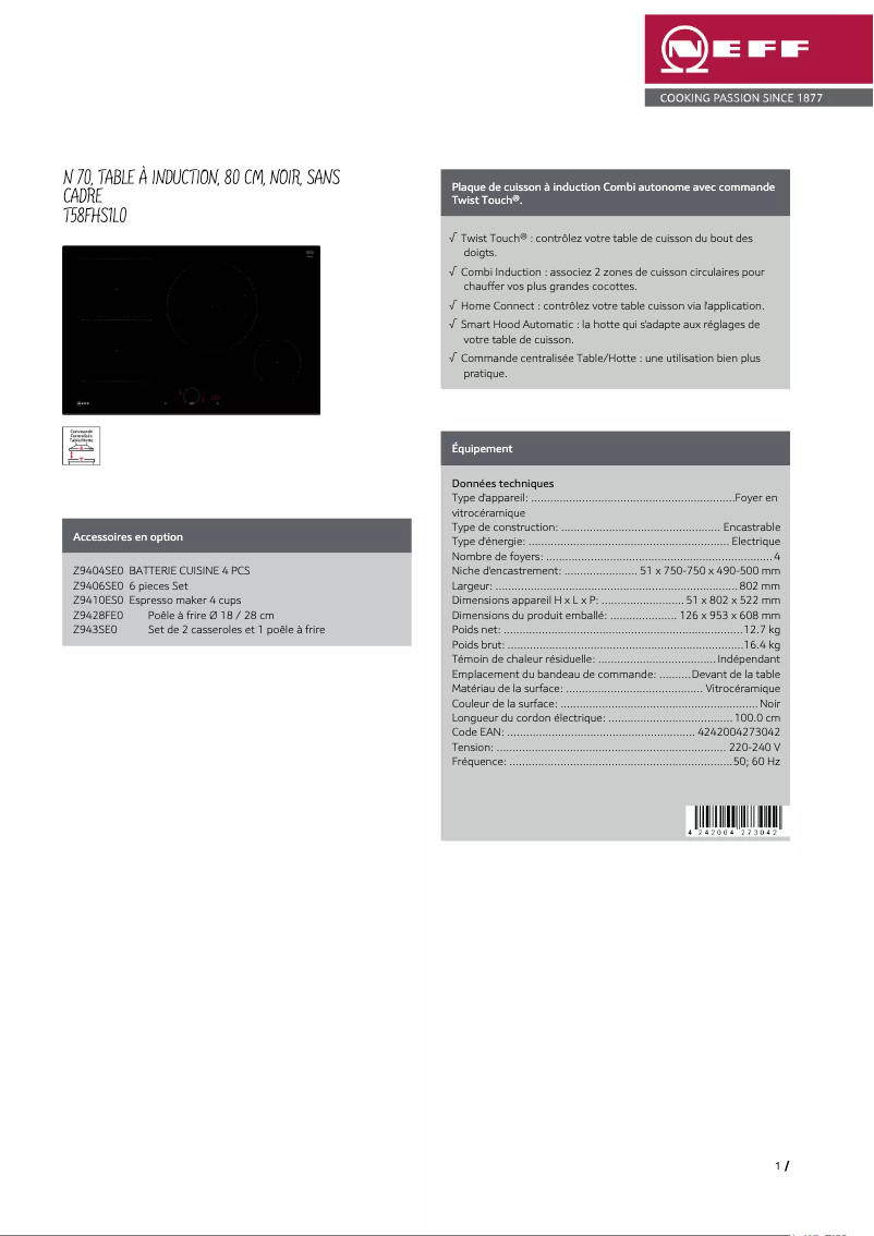 Page n°1 - Fiche technique Neff T58FHS1L0