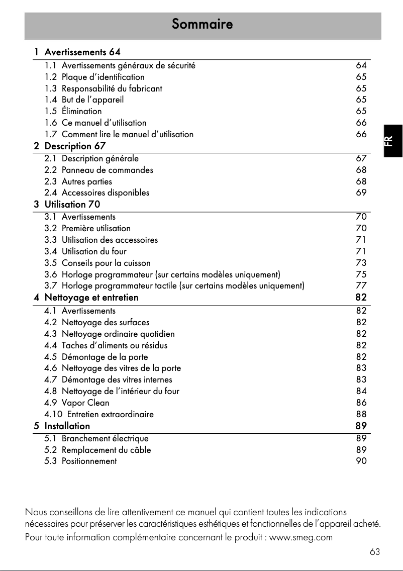 Page 1 de la notice Manuel utilisateur Smeg SF9310XR