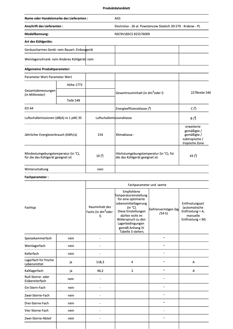 Page 1 de la notice Fiche technique AEG NSC9V183CS