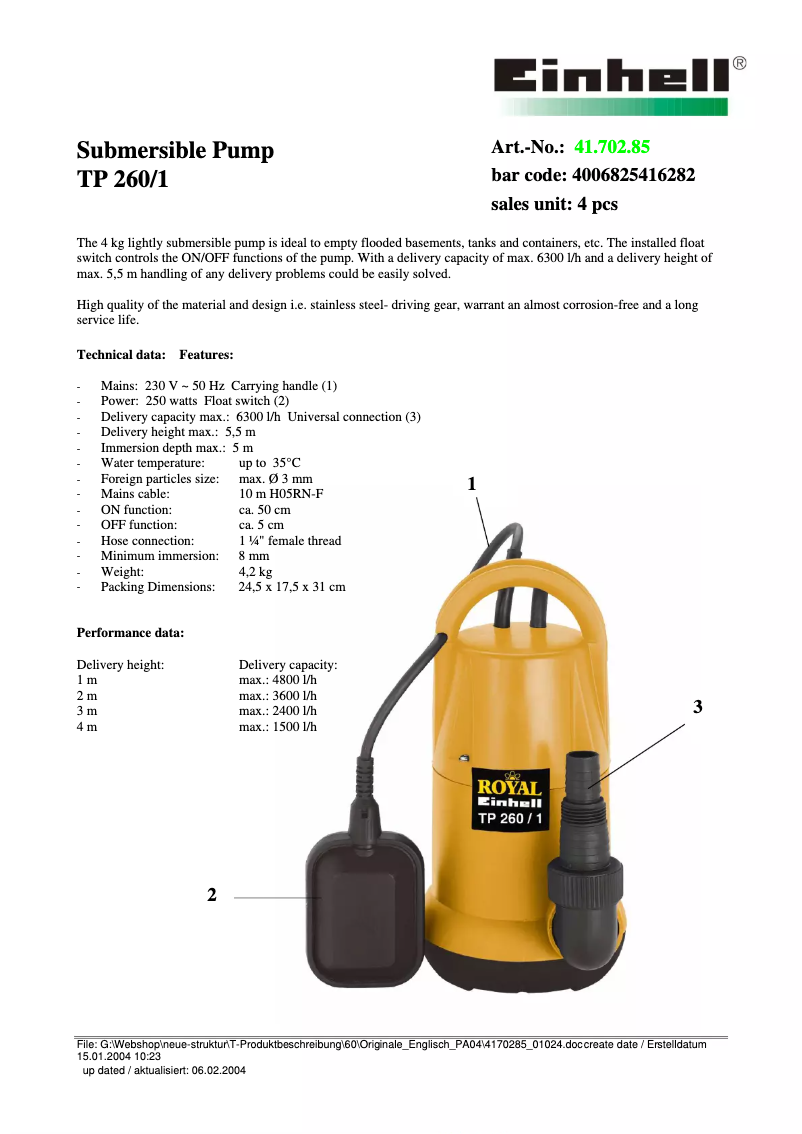 Page n°1 - Manuel utilisateur Einhell Royal TP 260/1