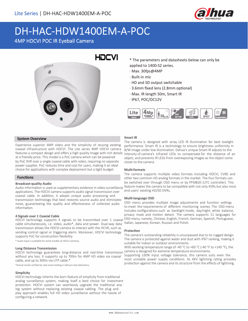 Page 1 de la notice Fiche technique Dahua Technology HAC-HDW1400EM-A-POC