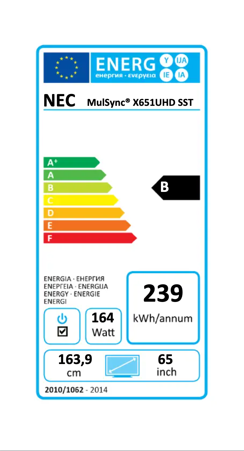 Page 1 de la notice Label énergétique NEC MultiSync X651UHD SST