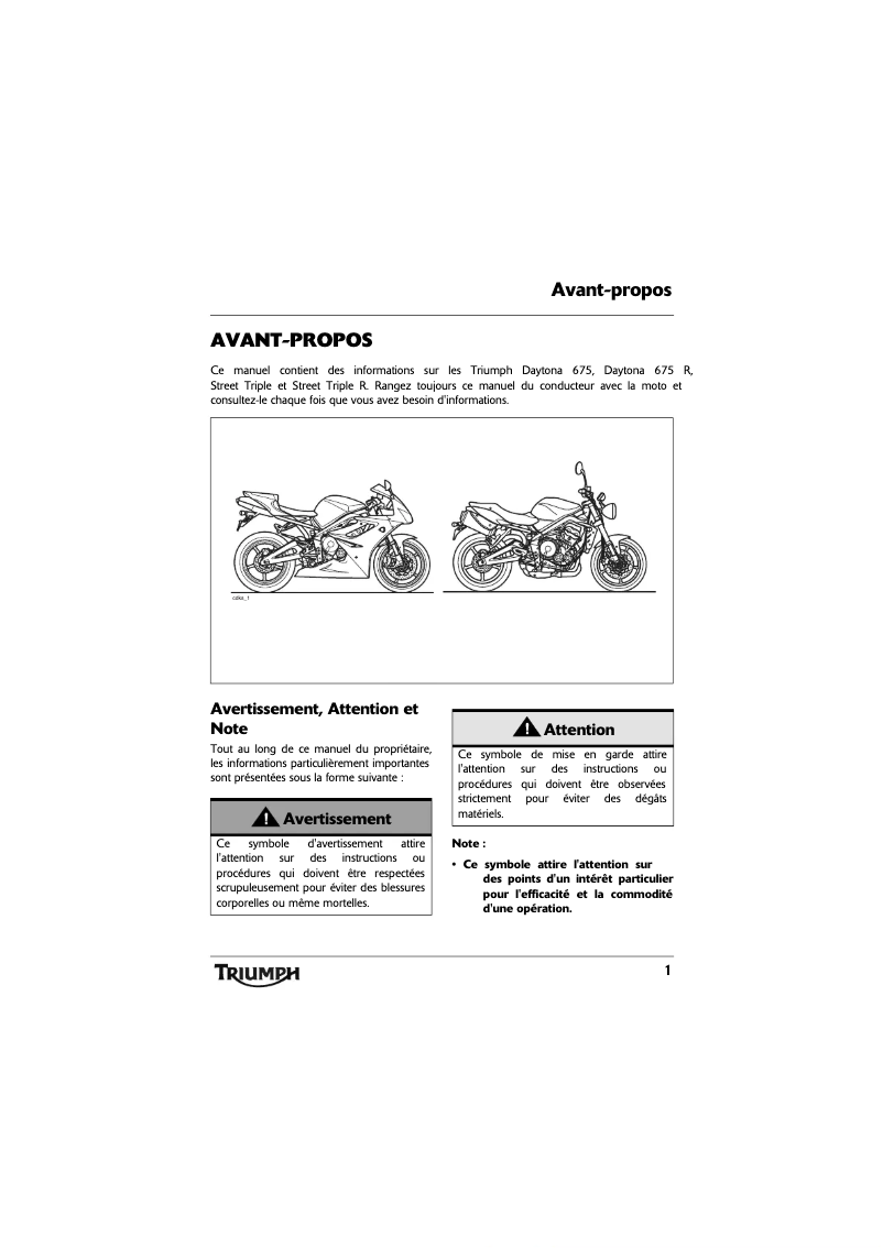 Page 1 de la notice Manuel utilisateur Triumph Daytona 675 SE (2010)