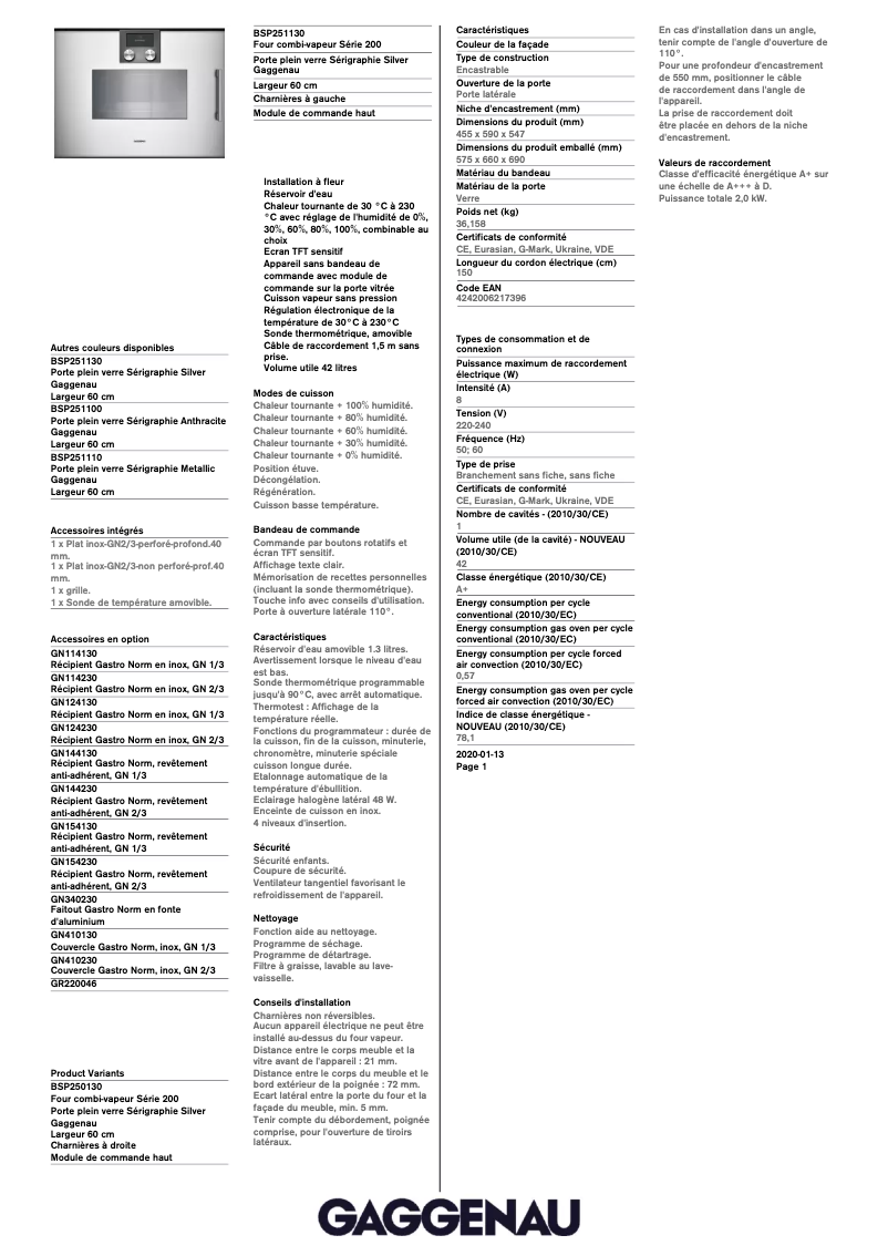 Page 1 de la notice Fiche technique Gaggenau BSP251130