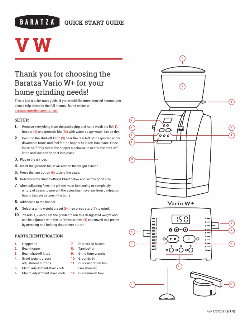 Page 1 de la notice Guide de démarrage rapide Baratza Vario W+