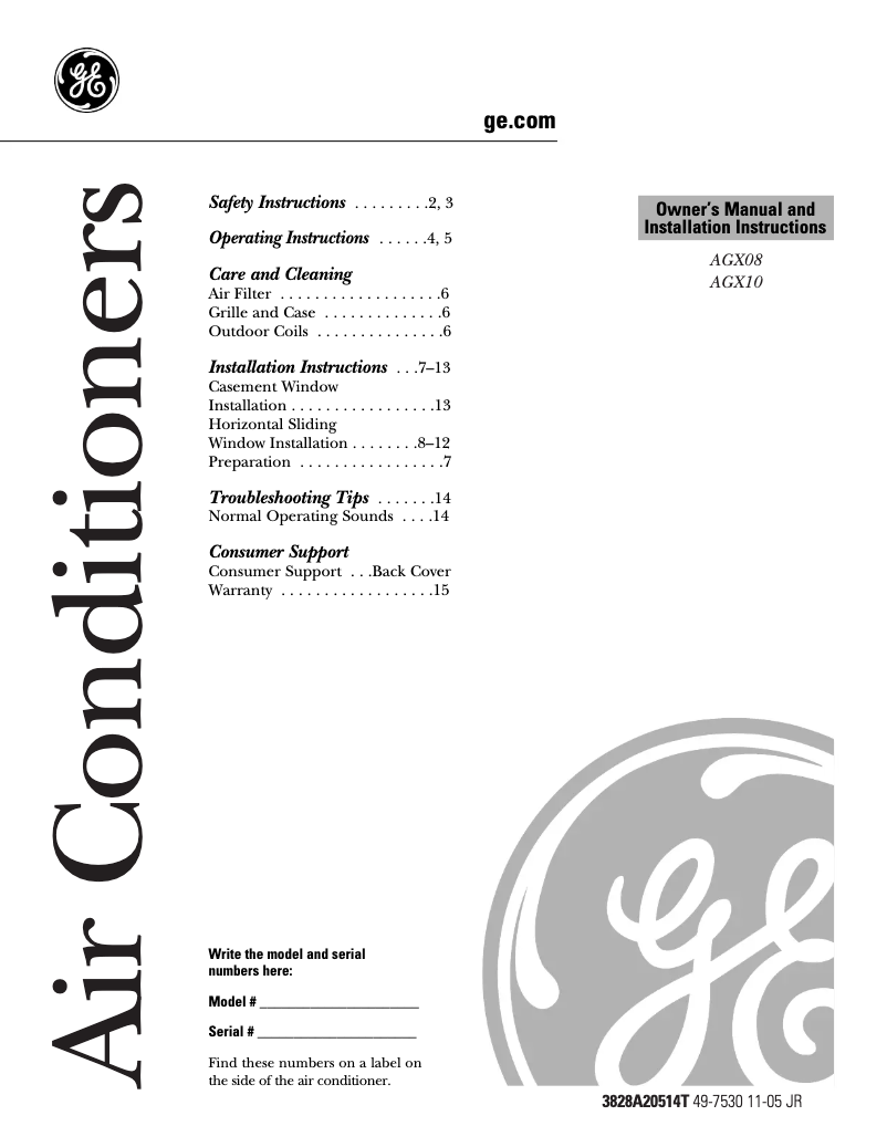 Page n°1 - Manuel d'utilisation et d'entretien GE AGX10AC