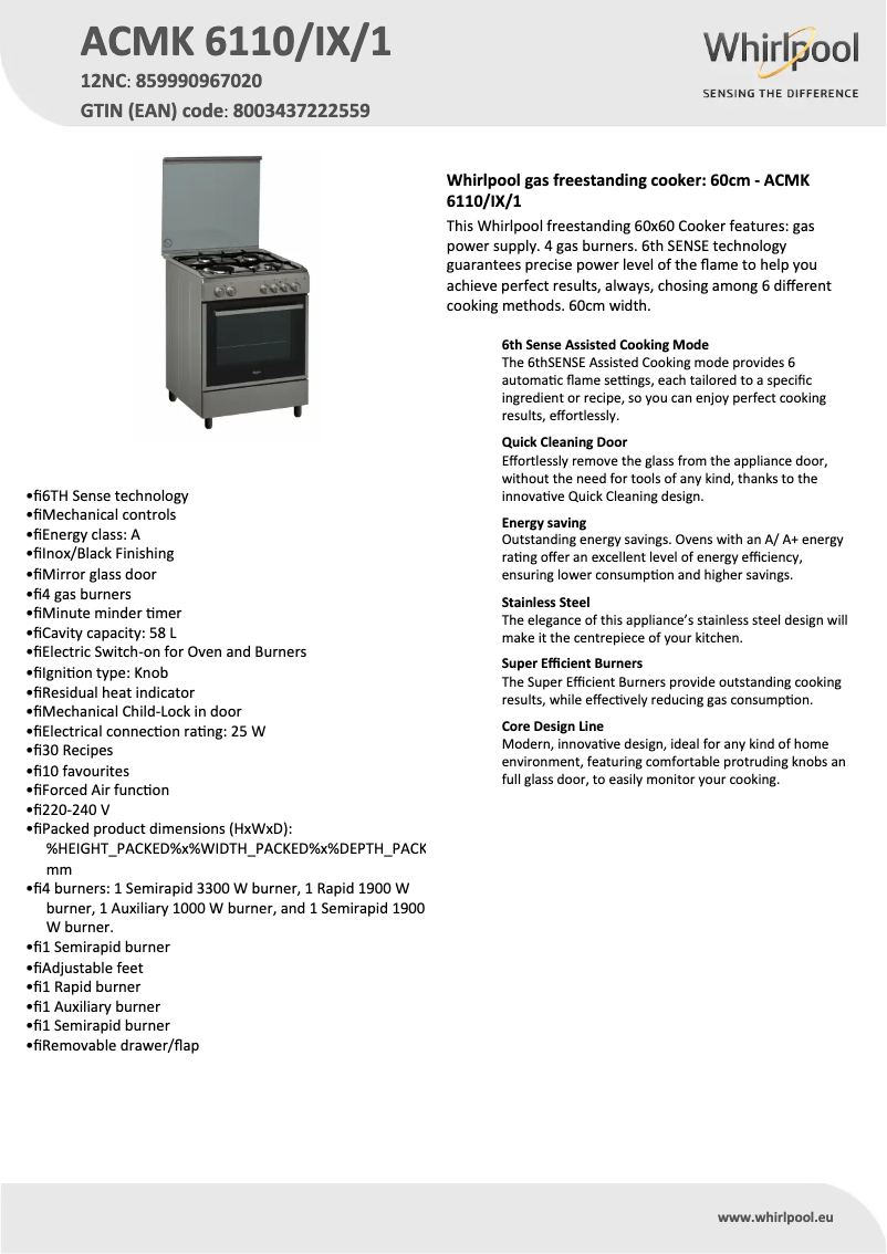 Page 1 de la notice Fiche technique Whirlpool ACMK 6110/IX/1