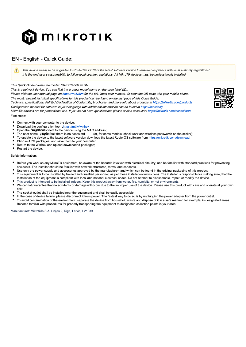 Page n°1 - Manuel utilisateur Mikrotik CRS310-8G+2S+IN