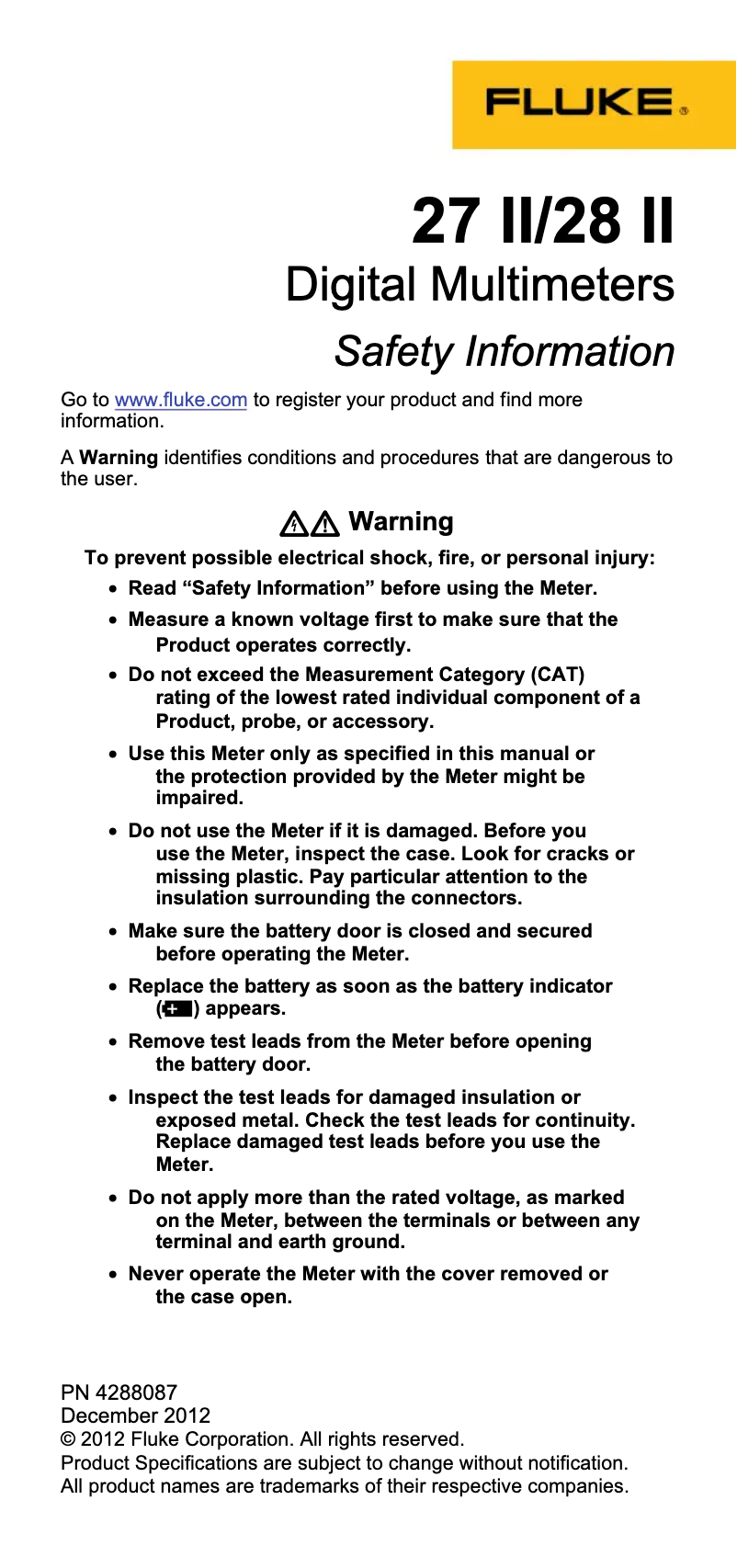 Page 1 de la notice Instructions de sécurité Fluke 28 II