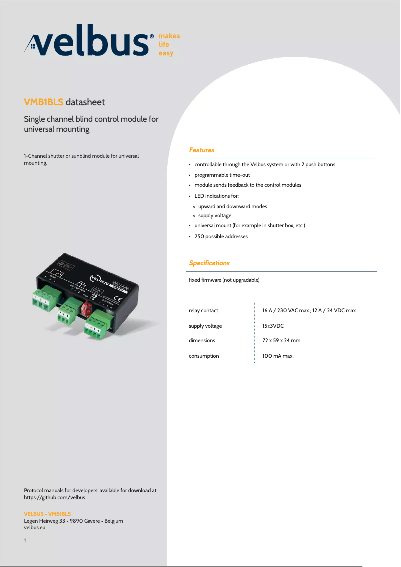 Page n°1 - Fiche technique Velbus VMB1BLS