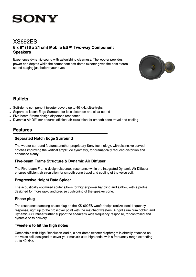 Page 1 de la notice Fiche technique Sony XS-692ES