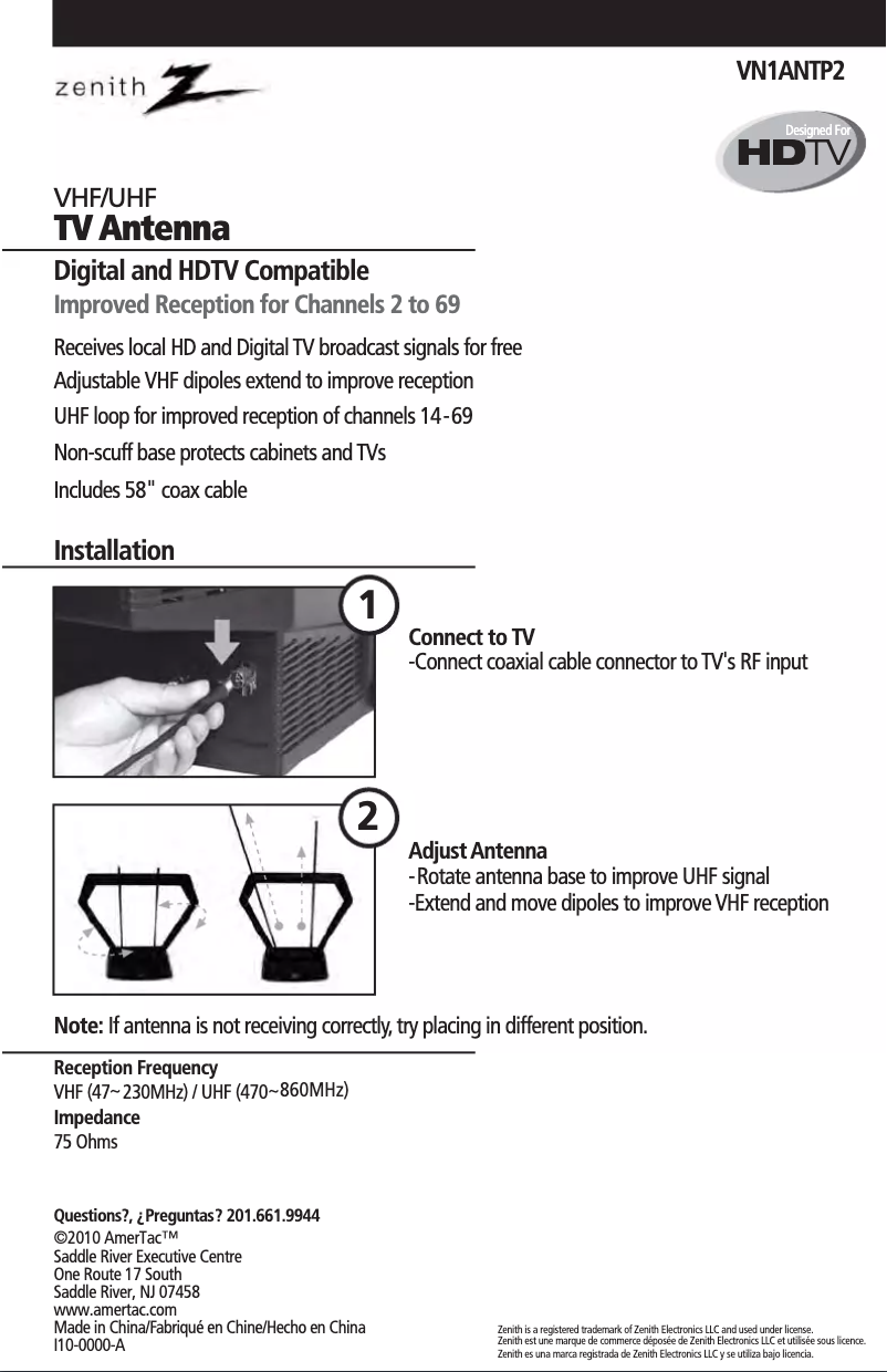 Page 1 de la notice Manuel utilisateur AmerTac VN1ANTP2