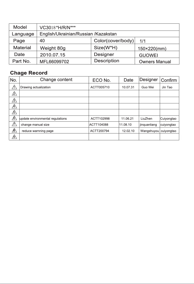 Page 1 de la notice Manuel utilisateur LG VK71186HC
