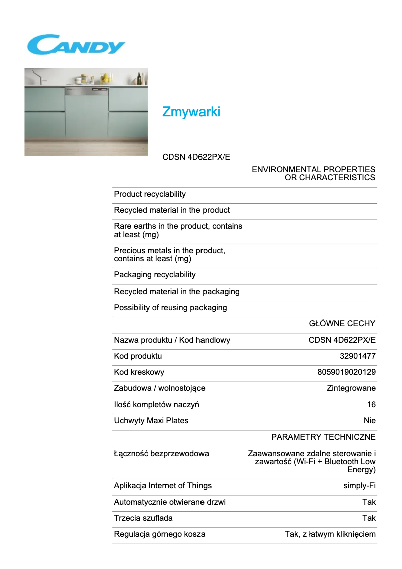 Page 1 de la notice Fiche technique Candy CDSN 4D622PX/E