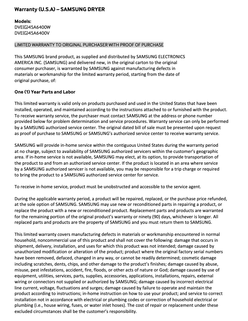 Page 1 de la notice Informations de garantie Samsung DVG50A8800V