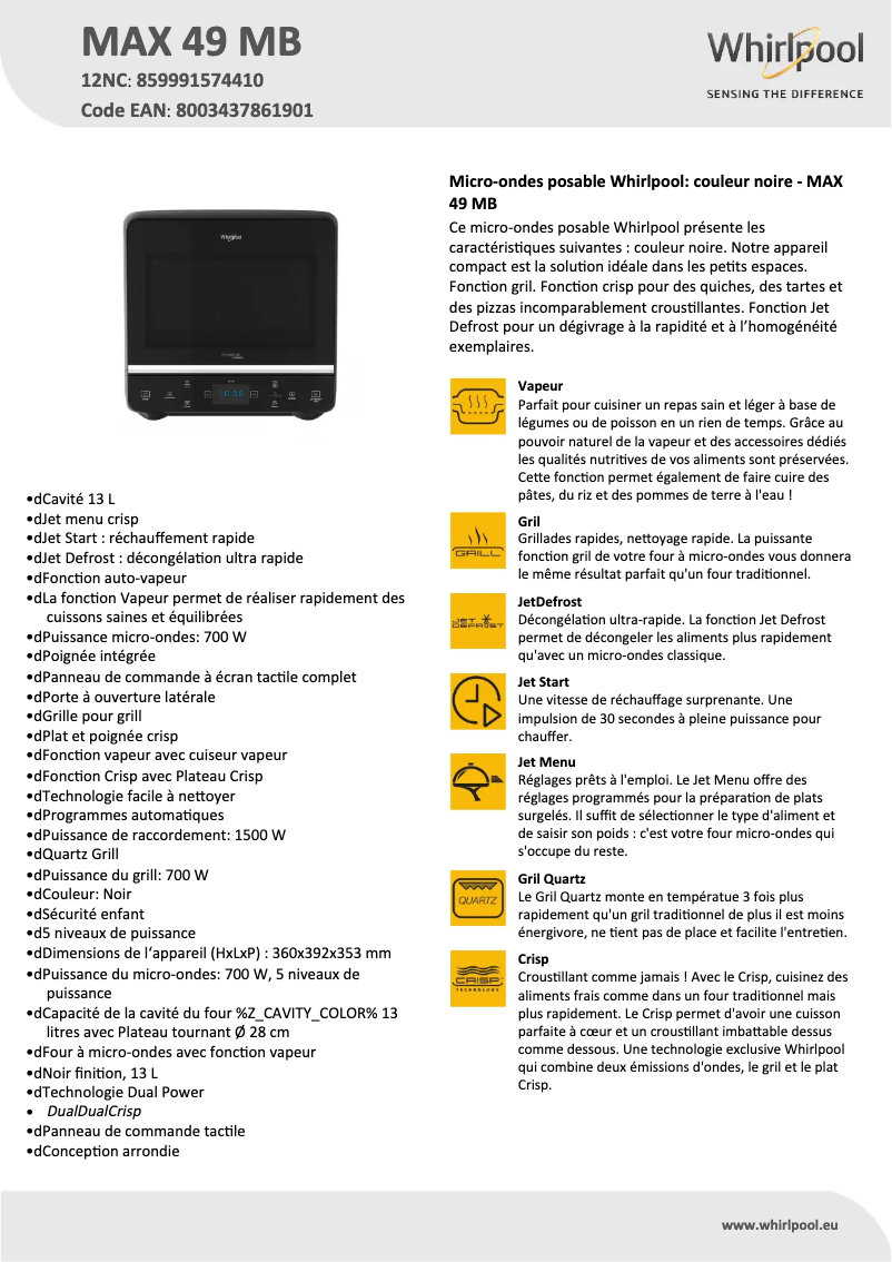 Page 1 de la notice Fiche technique Whirlpool MAX 49 MB