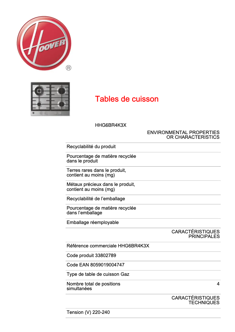 Page n°1 - Fiche technique Hoover H-HOB 300 HG6BR4K3X