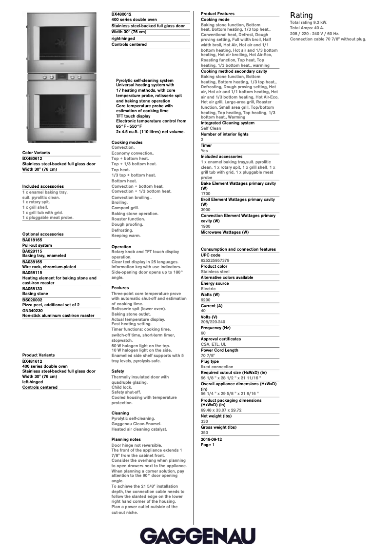 Página 1 del manual Ficha técnica Gaggenau BX480612