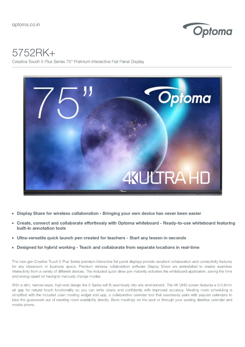 Page 1 de la notice Fiche technique Optoma 5752RK