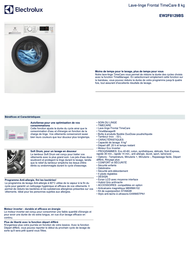 Page n°1 - Fiche technique Electrolux EW2F8129BS