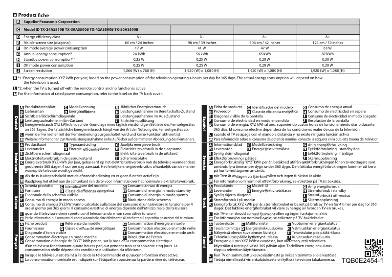Page 1 de la notice Fiche technique Panasonic TX-42AS500B