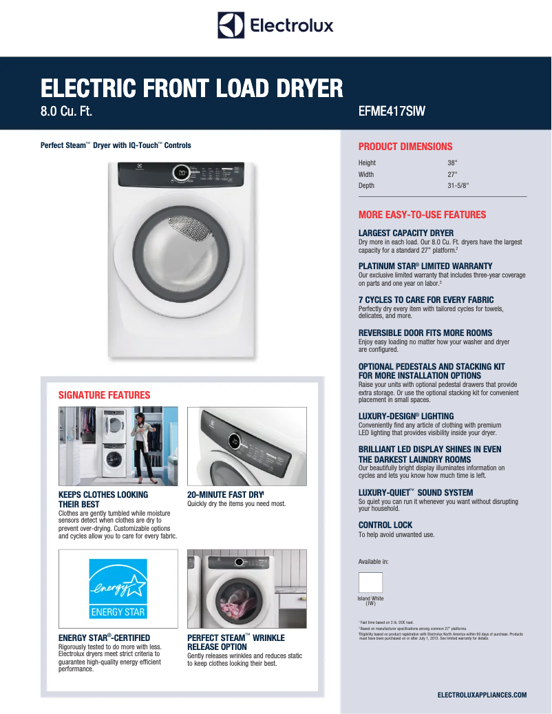 Page 1 de la notice Fiche technique Electrolux EFME417S