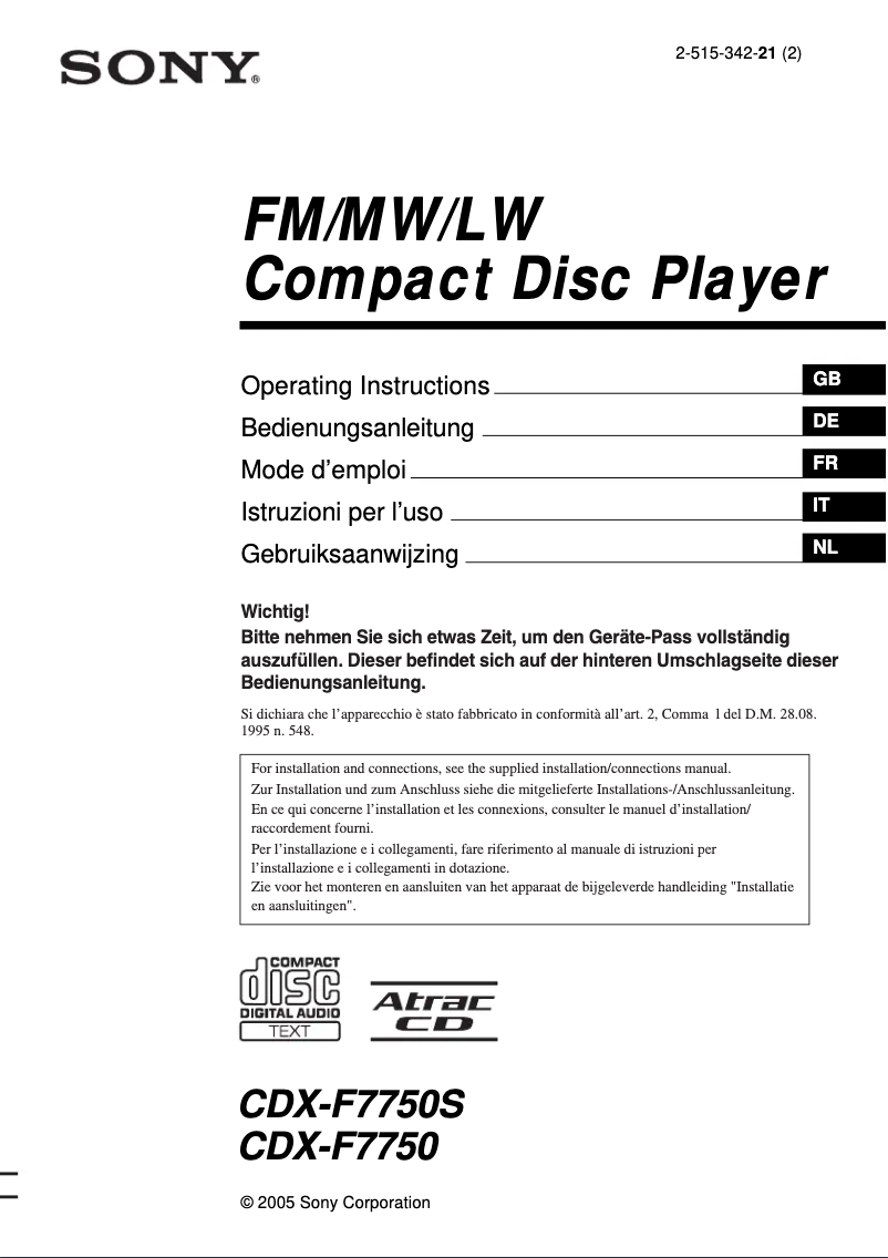 Image de la première page du manuel de l'appareil CDX-F7750