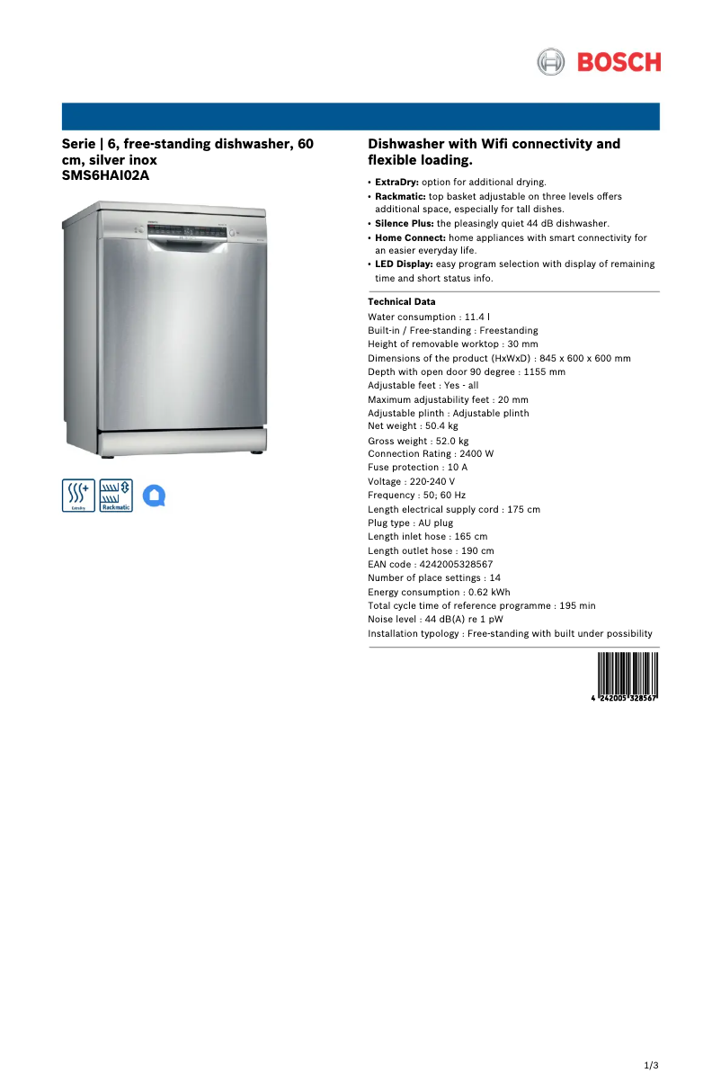 Page n°1 - Fiche technique Bosch SMS6HAI02A