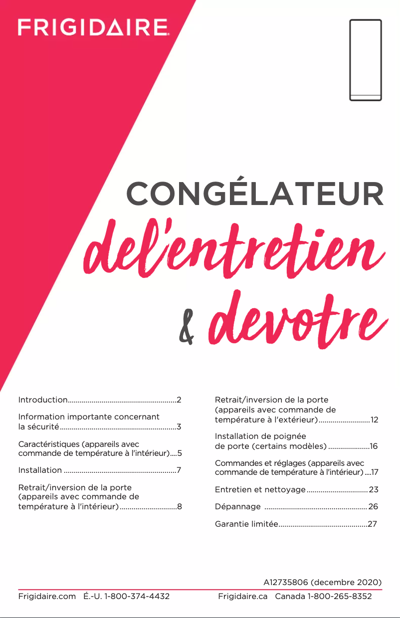 Page 1 de la notice Manuel utilisateur Frigidaire FFUE2022AW