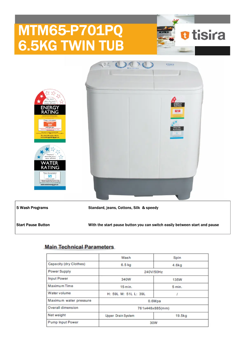 Page 1 de la notice Fiche technique Tisira MTM65-P701PQ