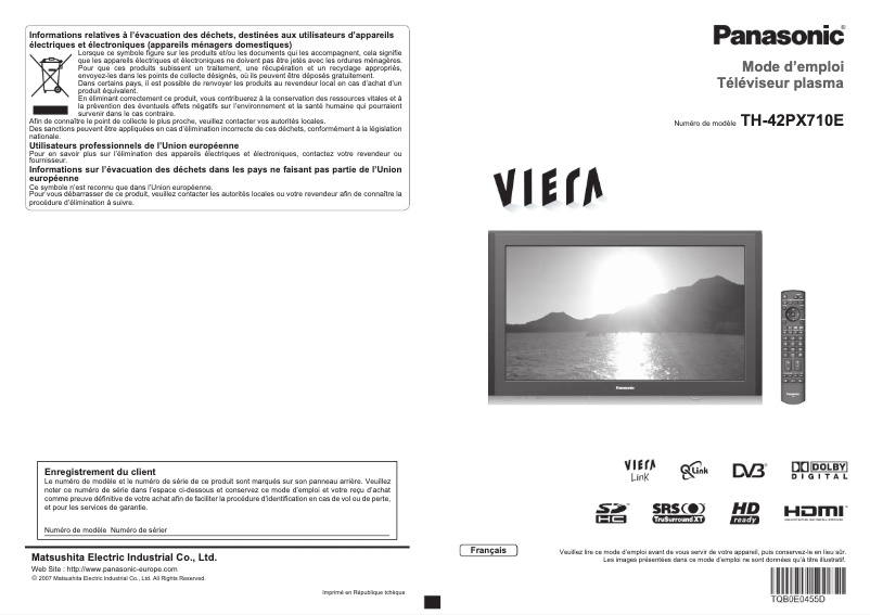 Page 1 de la notice Manuel utilisateur Panasonic Viera TH-42PX710E