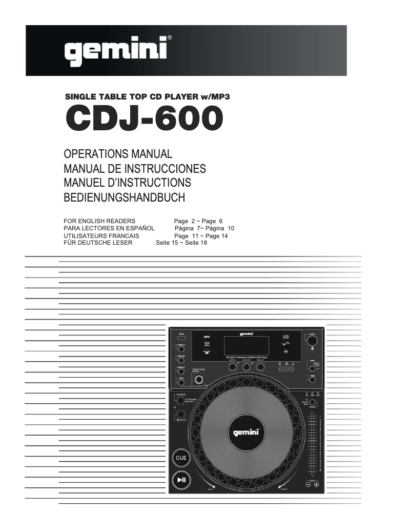 Page 1 de la notice Manuel utilisateur Gemini CDJ-600