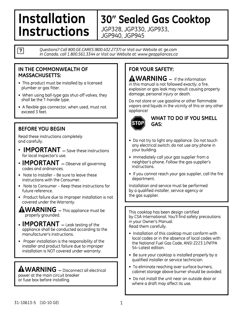 Page n°1 - Guide d'installation GE JGP329DETCC