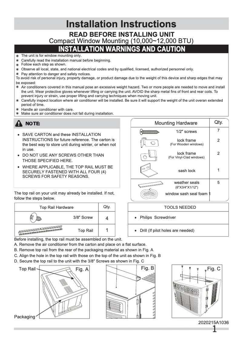 Page 1 de la notice Guide d'installation Frigidaire FFRA1211Q1