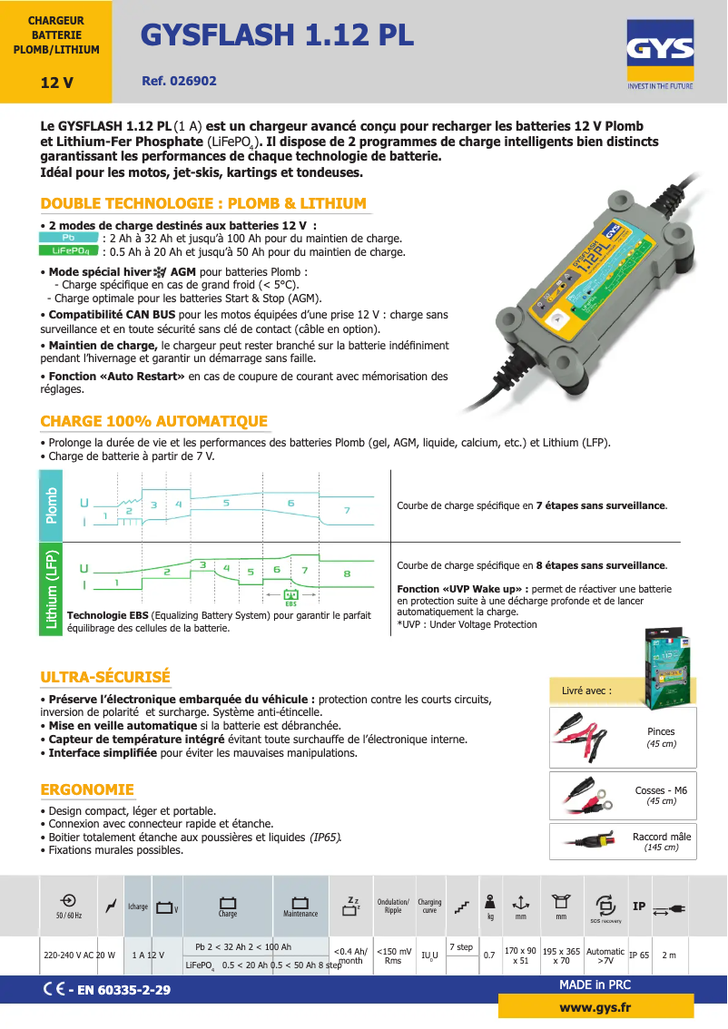 Page 1 de la notice Fiche technique GYS Gysflash 1.12 PL