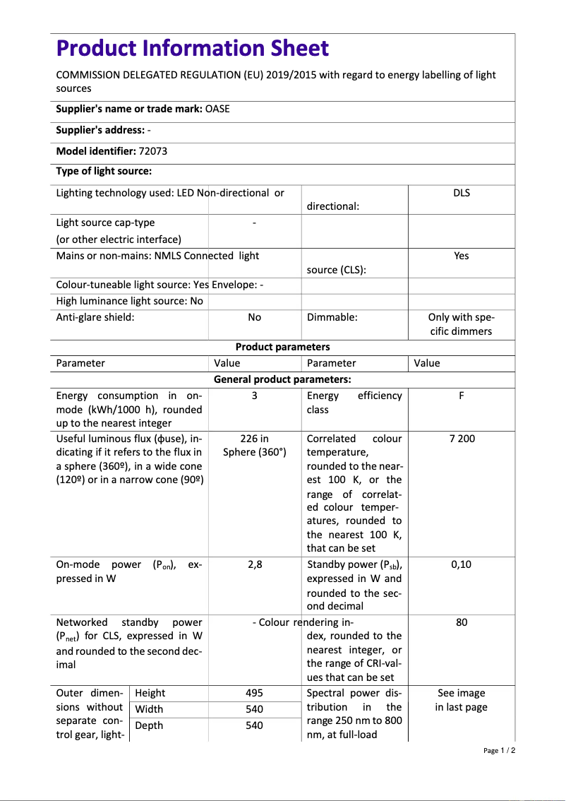 Page 1 de la notice Fiche technique Oase biOrb TUBE 35