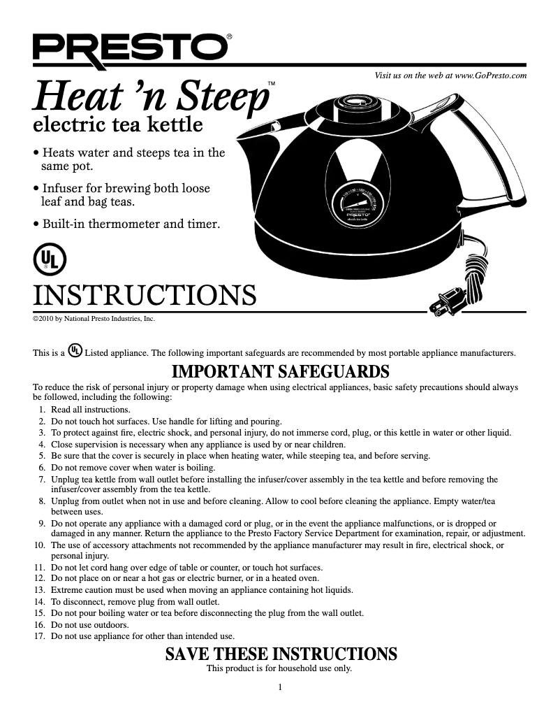 Page n°1 - Manuel utilisateur Presto Heat ’n Steep