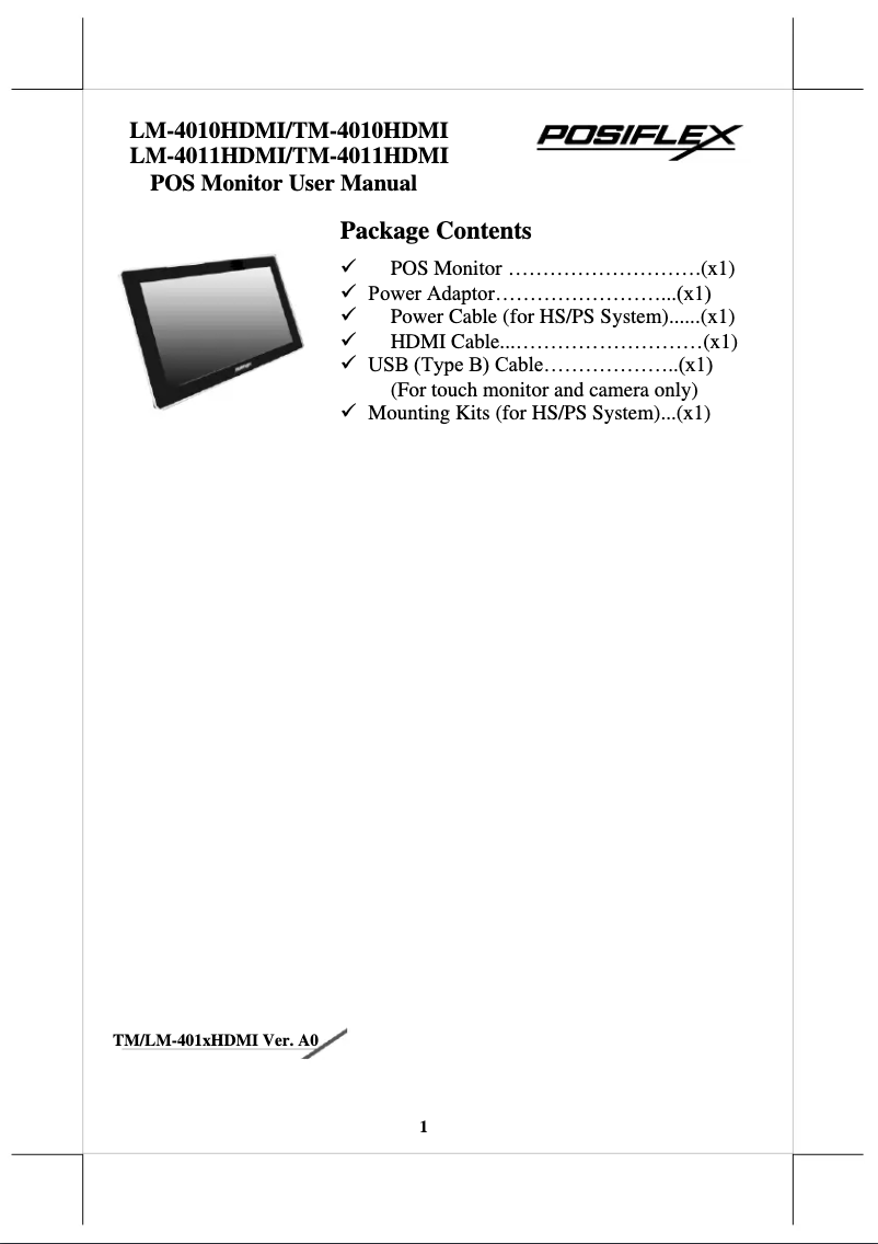 Page 1 of the manual User Manual Posiflex TM-4010HDMI
