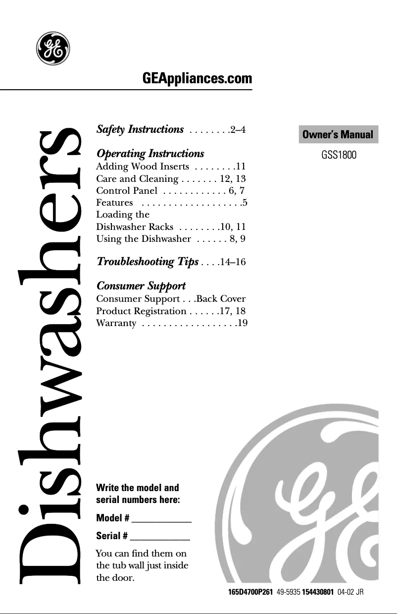 Page 1 de la notice Manuel d'utilisation et d'entretien GE GSS1800Z