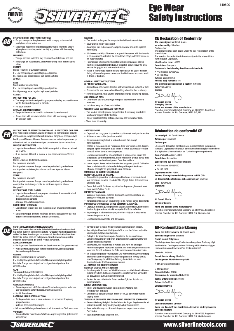 Page 1 de la notice Manuel utilisateur Silverline 140800