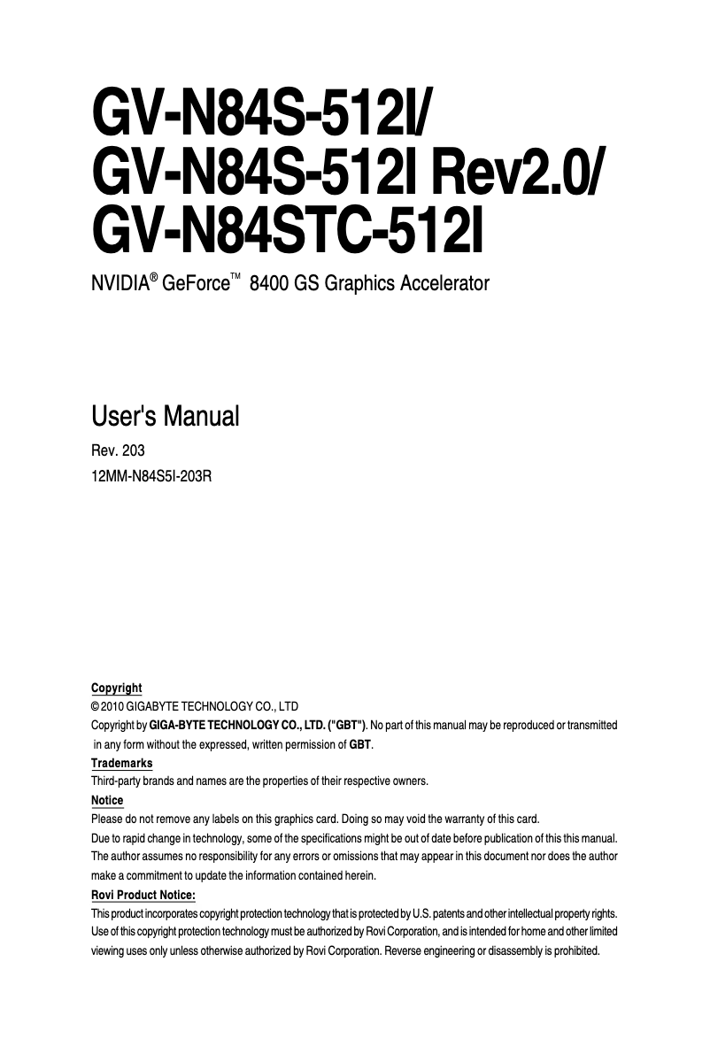 Página 1 del manual Manual de usuario Gigabyte GV-N84STC-512I