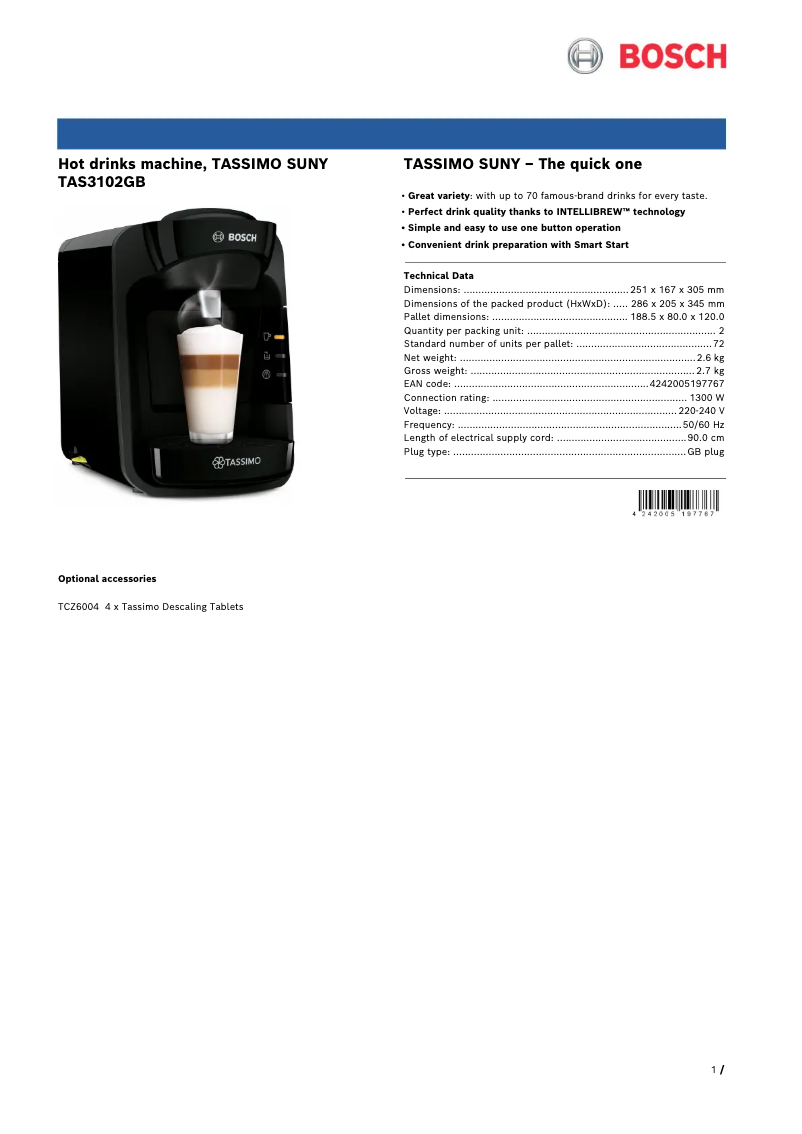 Page 1 de la notice Fiche technique Bosch Tassimo Suny TAS3102
