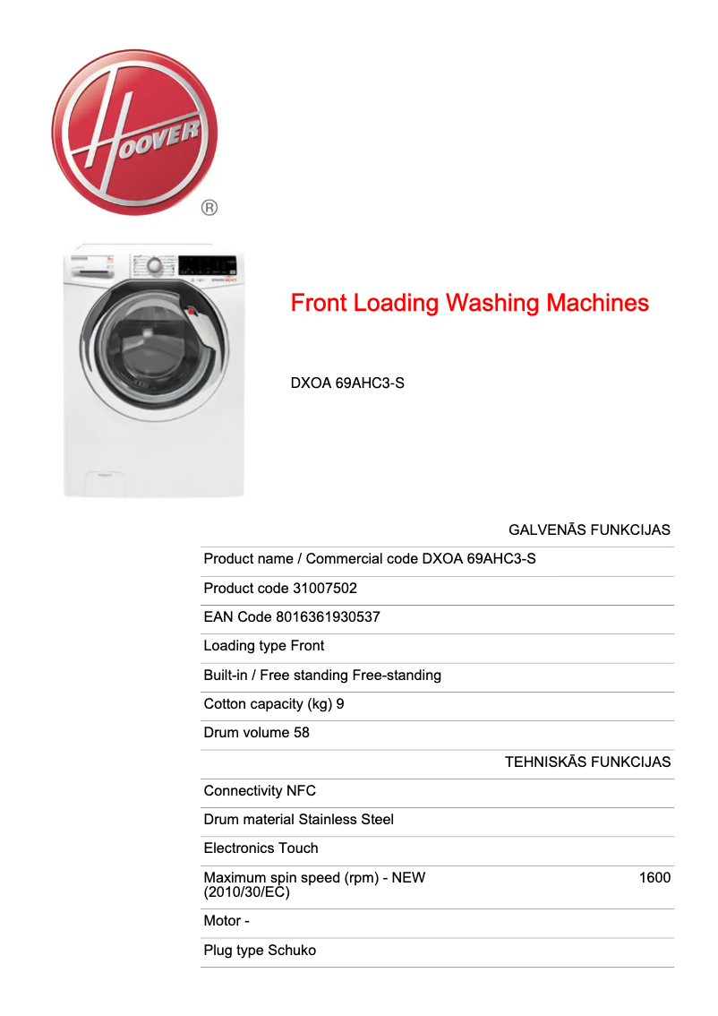 Page 1 de la notice Fiche technique Hoover DYNAMIC NEXT DXOA 69AHC3-S