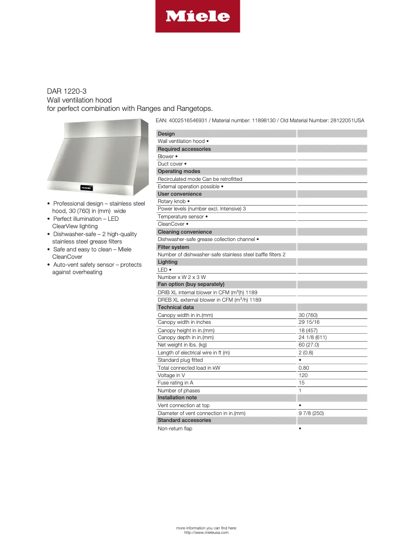 Page 1 de la notice Fiche technique Miele DAR 1220-3