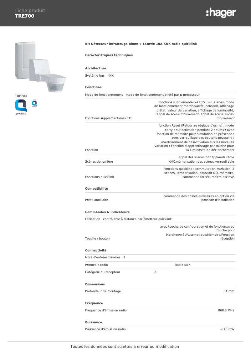 Page n°1 - Fiche technique Hager TRE700