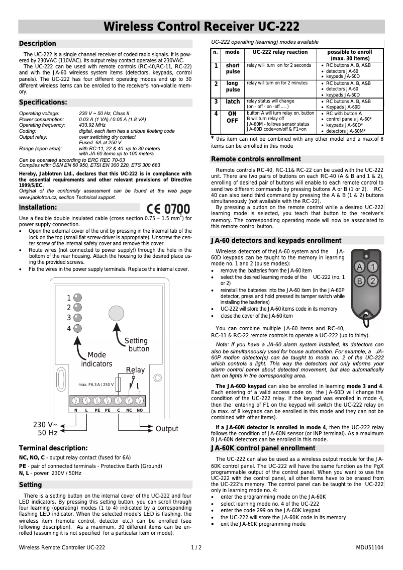Page 1 de la notice Manuel utilisateur Joblotron UC-222