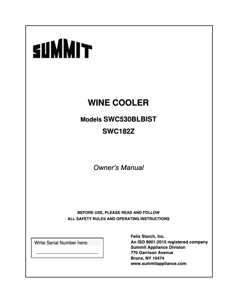 Page 1 de la notice Manuel d'utilisation et d'entretien Summit SWC182ZADA