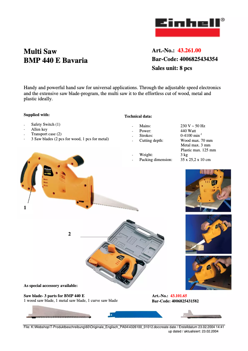 Page 1 de la notice Manuel utilisateur Bavaria by Einhell Bavaria BMP 440